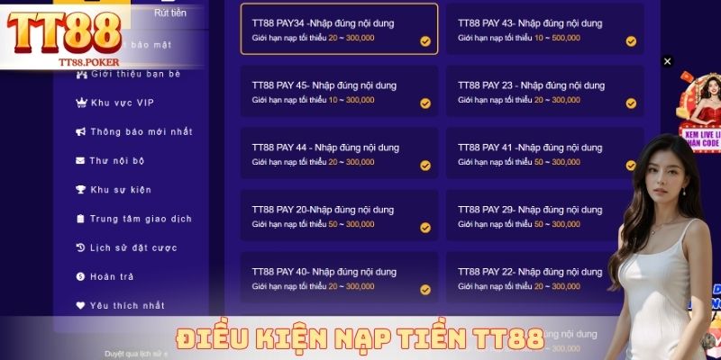 Điều kiện nạp tiền TT88